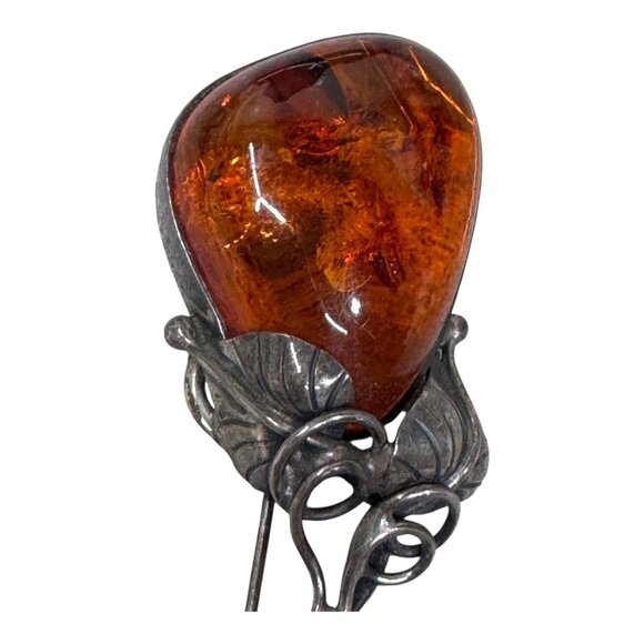 Vintage Baltic Amber Stone Brooch Sterling Silver Art Nouveau Design Pin Leaves - Picture 3 of 7